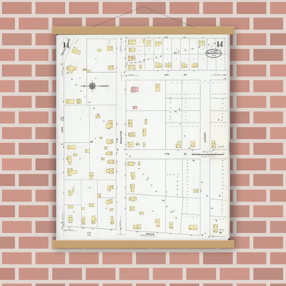Old map wall art mockup — magnetic wood frame on brick wall — Sanborn Fire Insurance Map from Waupaca, Waupaca County, Wisconsin (1924), Sheet #0014