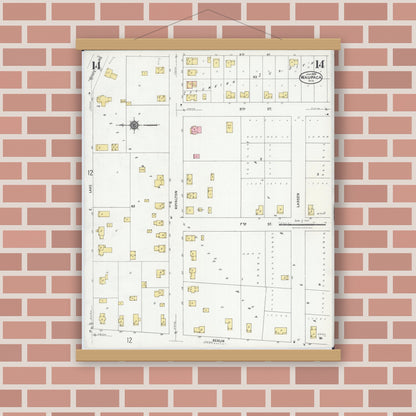 Old map wall art mockup — magnetic wood frame on brick wall — Sanborn Fire Insurance Map from Waupaca, Waupaca County, Wisconsin (1924), Sheet #0014