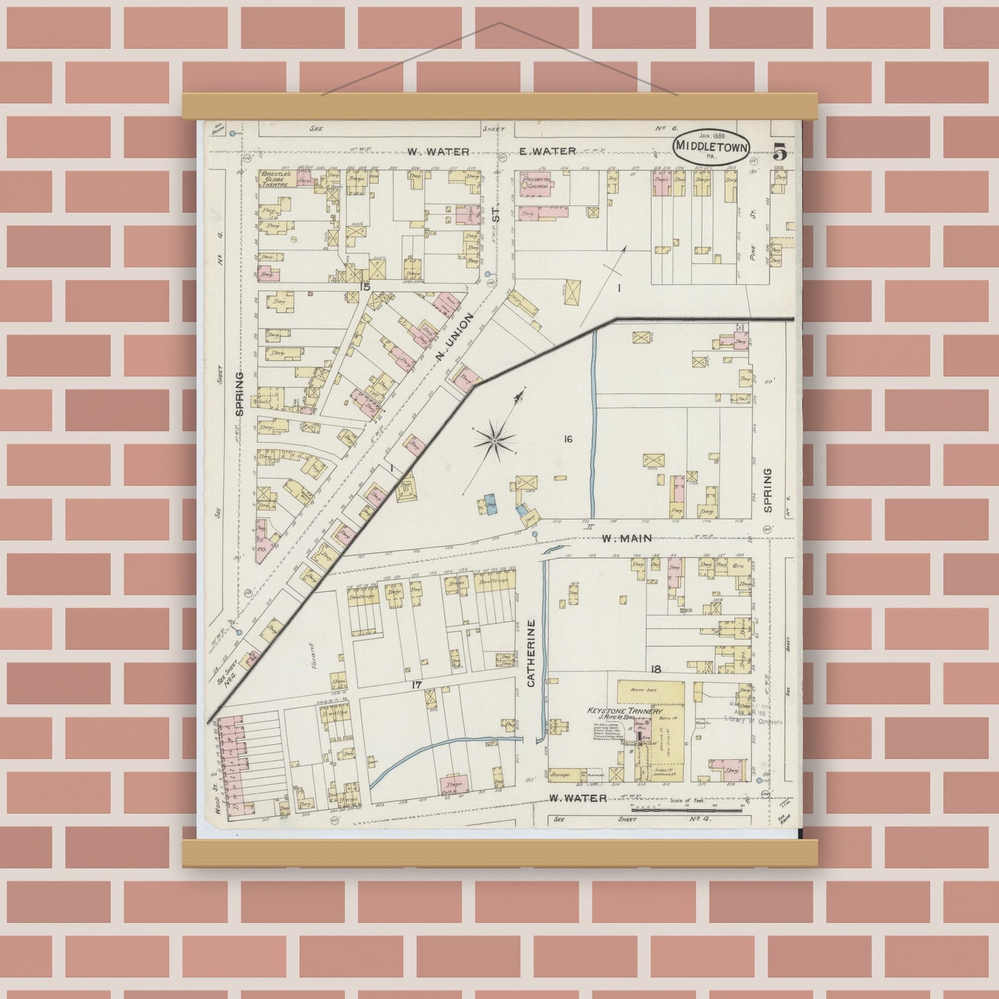 Old map wall art mockup — magnetic wood frame on brick wall — Sanborn Fire Insurance Map from Middletown, Dauphin County, Pennsylvania (1888), Sheet #0005