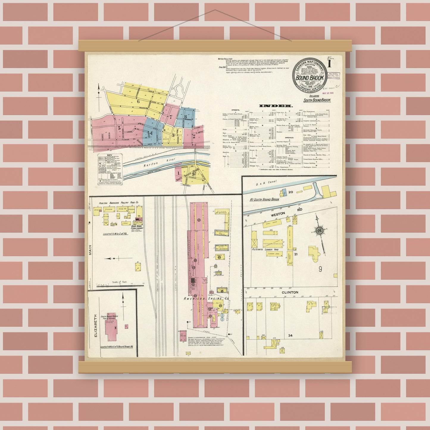 Old map wall art mockup — magnetic wood frame on brick wall — Sanborn Fire Insurance Map from Bound Brook, Somerset County, New Jersey (1910), Sheet #0001