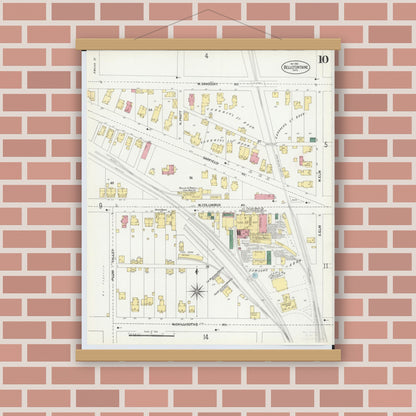 Old map wall art mockup — magnetic wood frame on brick wall — Sanborn Fire Insurance Map from Bellefontaine, Logan County, Ohio (1901), Sheet #0010