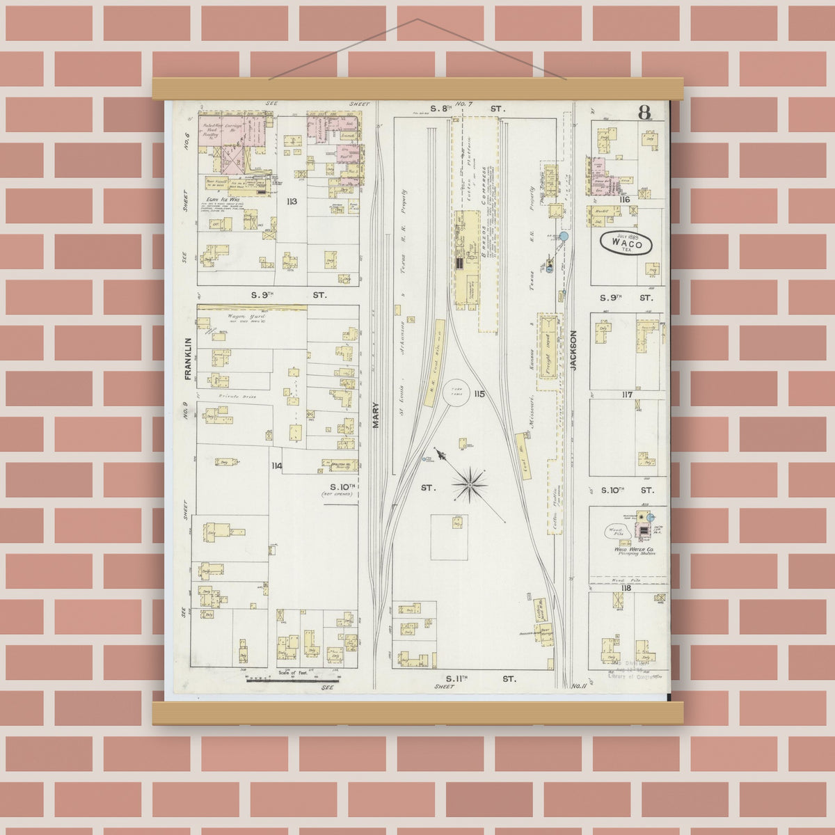 Old map wall art mockup — magnetic wood frame on brick wall — Sanborn Fire Insurance Map from Waco, McLennan County, Texas (1889), Sheet #0008
