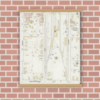 Old map wall art mockup — magnetic wood frame on brick wall — Sanborn Fire Insurance Map from Waco, McLennan County, Texas (1889), Sheet #0008