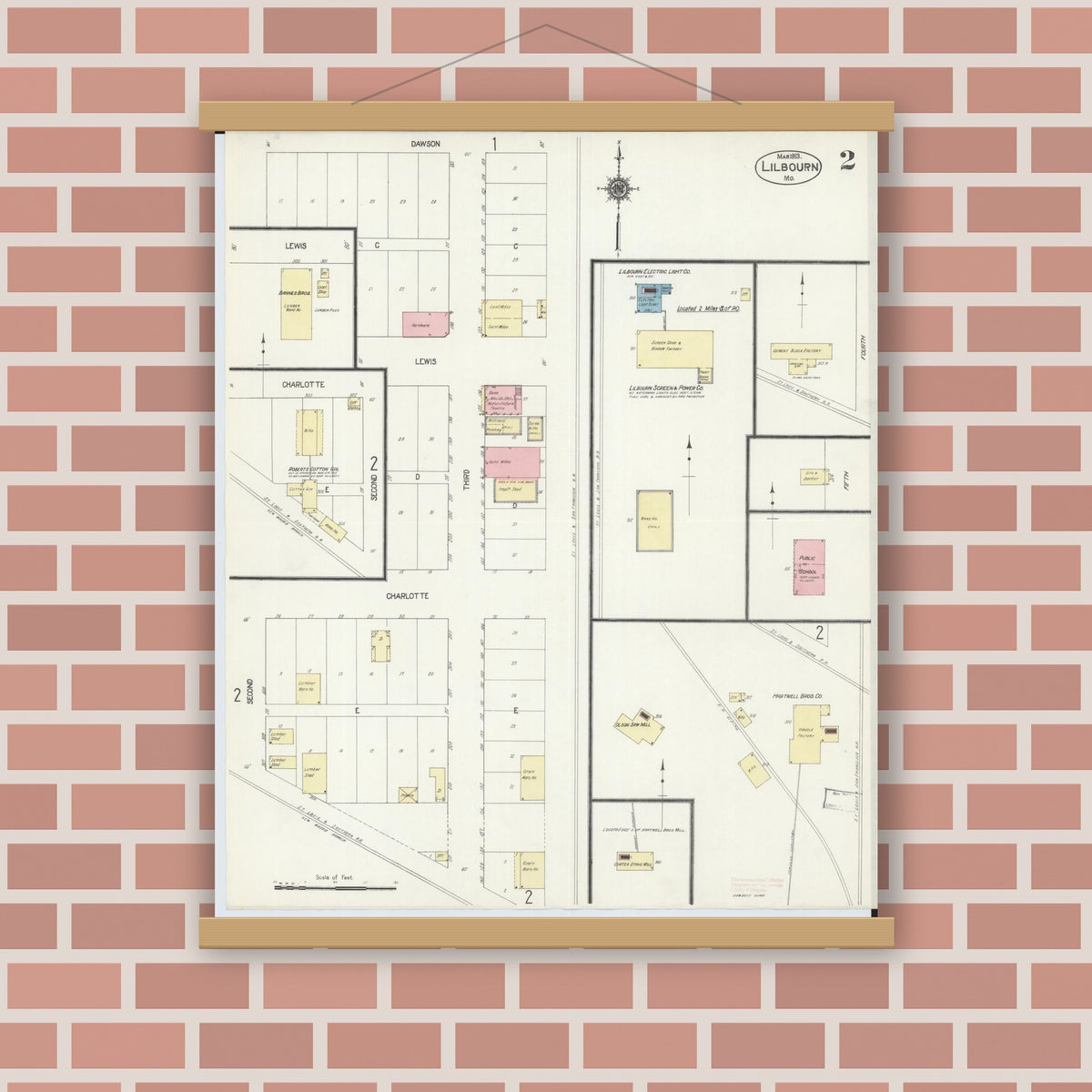 Old map wall art mockup — magnetic wood frame on brick wall — Sanborn Fire Insurance Map from Lilbourn, New Madrid County, Missouri (1913), Sheet #0002