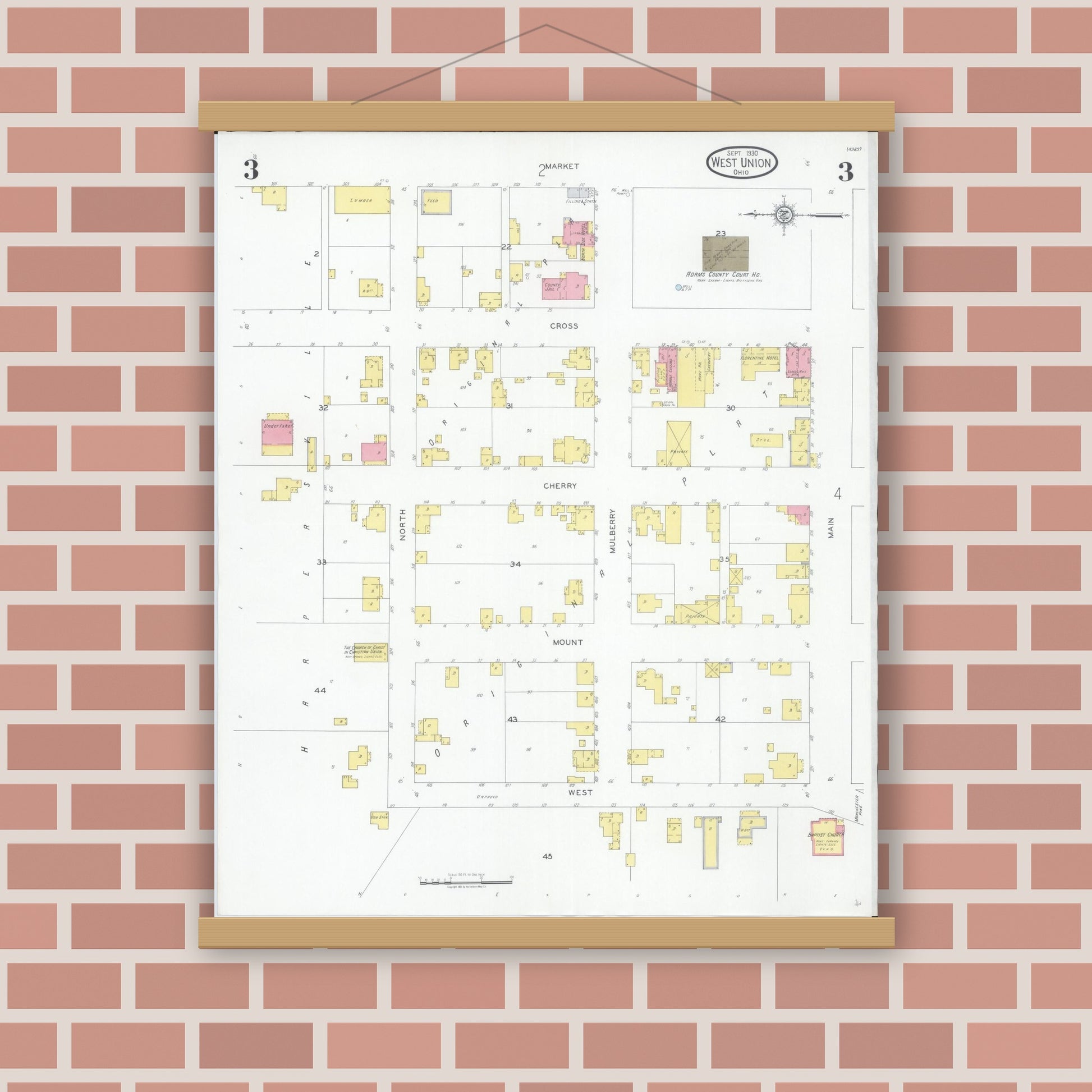 Old map wall art mockup — magnetic wood frame on brick wall — Sanborn Fire Insurance Map from West Union, Adams County, Ohio (1930), Sheet #0003