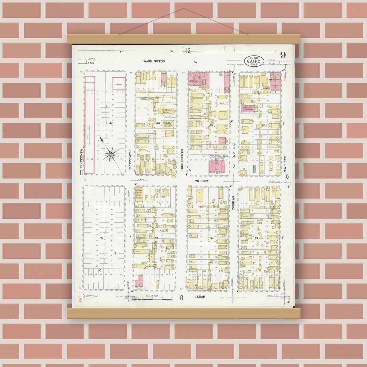 Old map wall art mockup — magnetic wood frame on brick wall — Sanborn Fire Insurance Map from Cairo, Alexander County, Illinois (1907), Sheet #0009