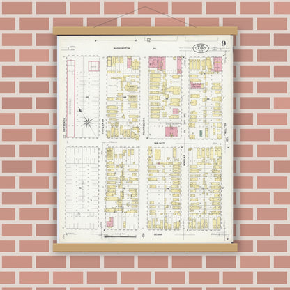 Old map wall art mockup — magnetic wood frame on brick wall — Sanborn Fire Insurance Map from Cairo, Alexander County, Illinois (1907), Sheet #0009