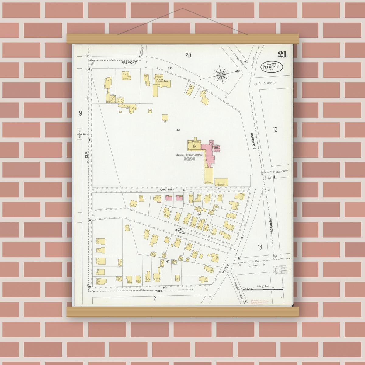 Old map wall art mockup — magnetic wood frame on brick wall — Sanborn Fire Insurance Map from Peekskill, Westchester County, New York (1900), Sheet #0021