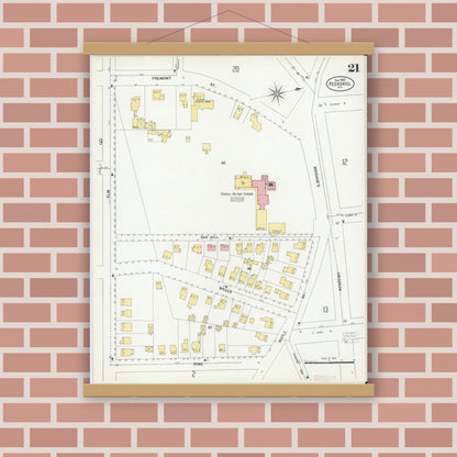 Old map wall art mockup — magnetic wood frame on brick wall — Sanborn Fire Insurance Map from Peekskill, Westchester County, New York (1900), Sheet #0021
