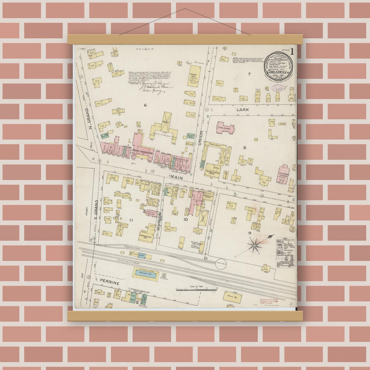 Old map wall art mockup — magnetic wood frame on brick wall — Sanborn Fire Insurance Map from Cobleskill, Schoharie County, New York (1887) - Complete Map Set