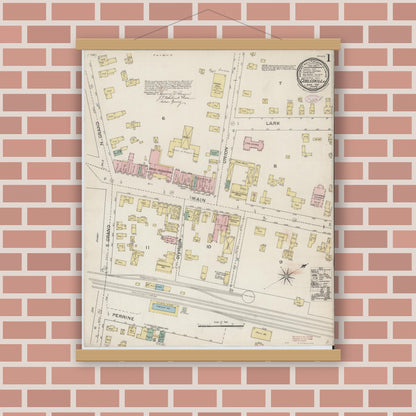 Old map wall art mockup — magnetic wood frame on brick wall — Sanborn Fire Insurance Map from Cobleskill, Schoharie County, New York (1887) - Complete Map Set