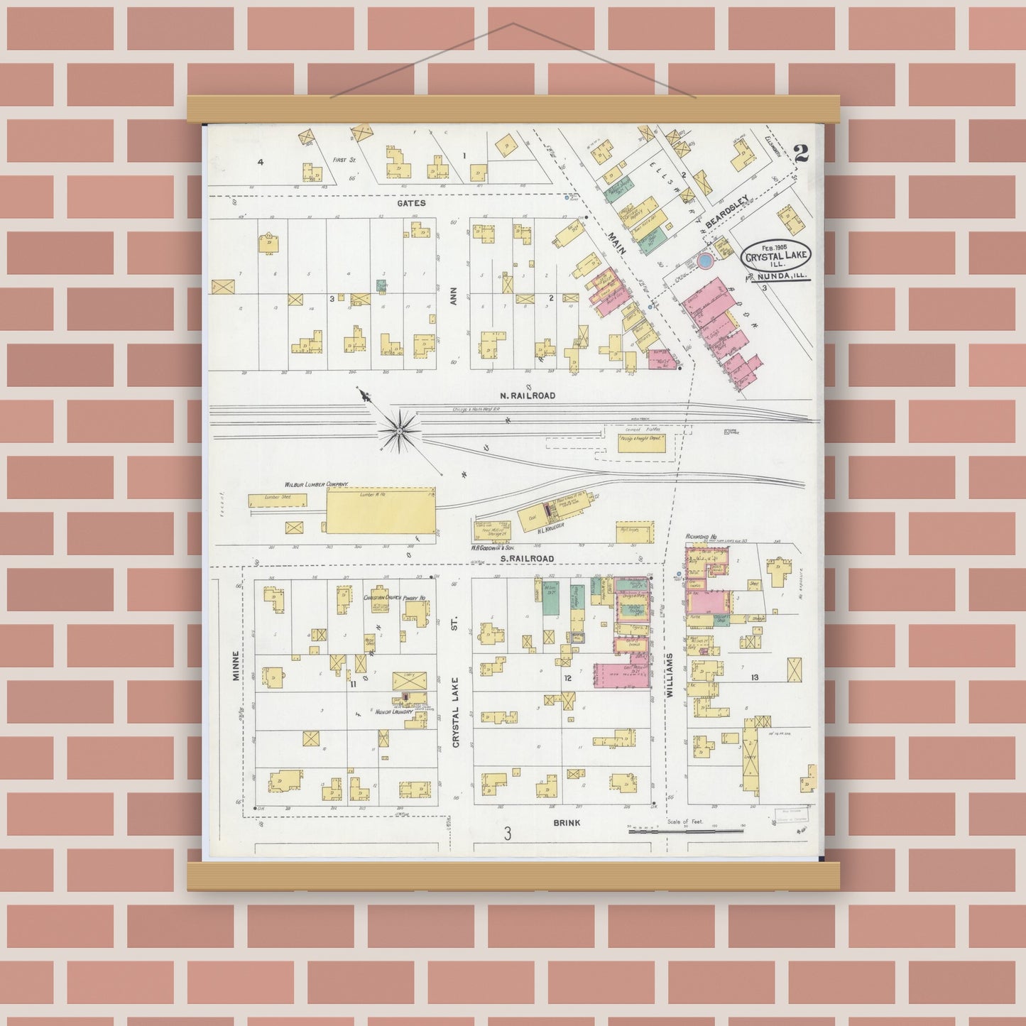 Old map wall art mockup — magnetic wood frame on brick wall — Sanborn Fire Insurance Map from Crystal Lake, McHenry County, Illinois (1905), Sheet #0002
