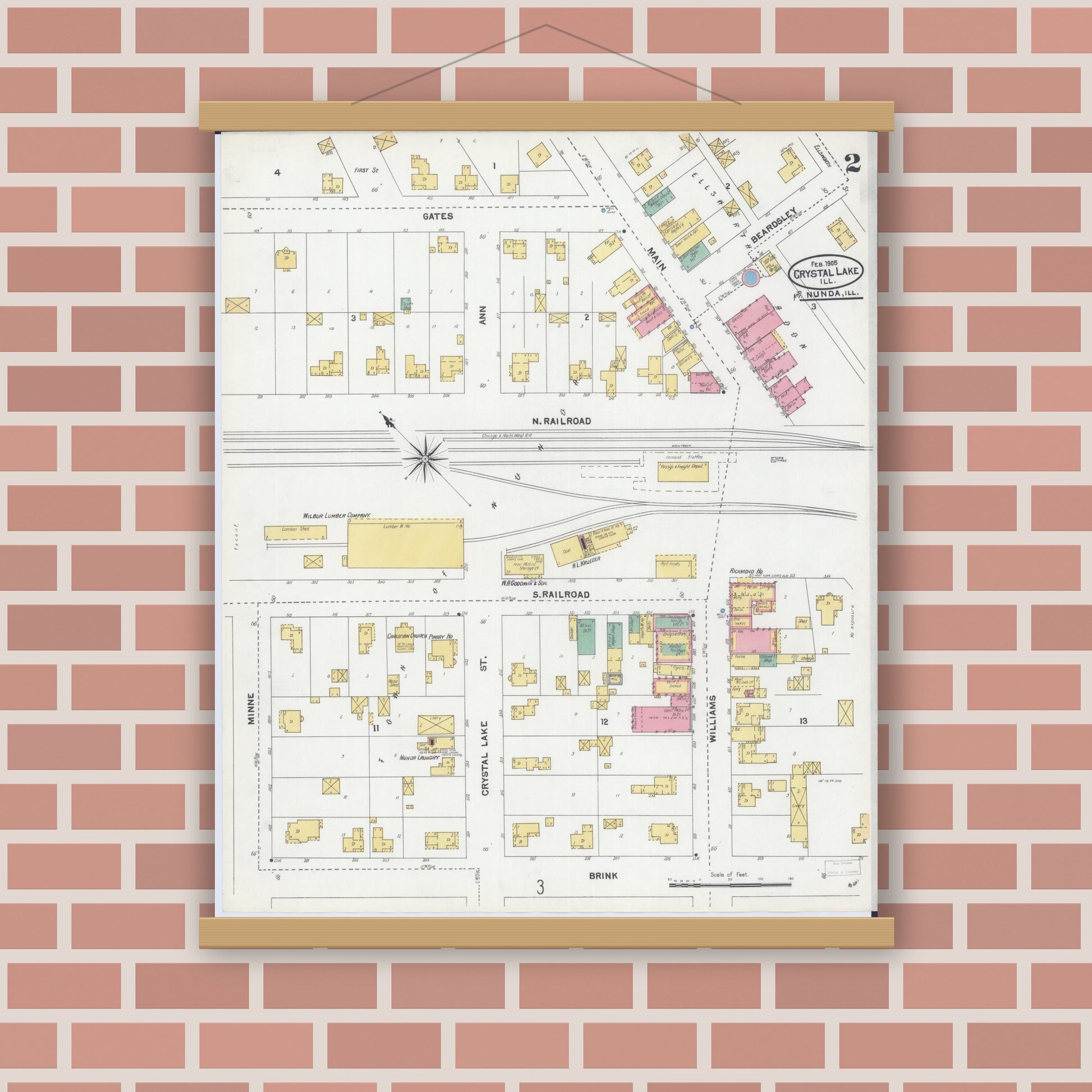 Old map wall art mockup — magnetic wood frame on brick wall — Sanborn Fire Insurance Map from Crystal Lake, McHenry County, Illinois (1905), Sheet #0002