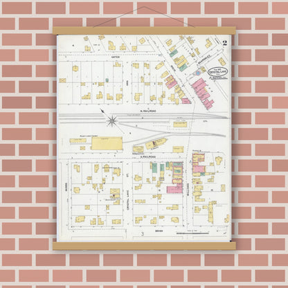 Old map wall art mockup — magnetic wood frame on brick wall — Sanborn Fire Insurance Map from Crystal Lake, McHenry County, Illinois (1905), Sheet #0002