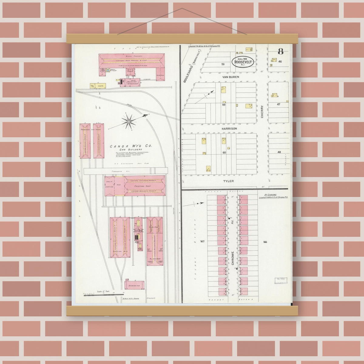 Old map wall art mockup — magnetic wood frame on brick wall — Sanborn Fire Insurance Map from Roosevelt, Middlesex County, New Jersey (1908), Sheet #0008