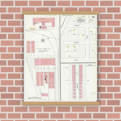 Old map wall art mockup — magnetic wood frame on brick wall — Sanborn Fire Insurance Map from Roosevelt, Middlesex County, New Jersey (1908), Sheet #0008