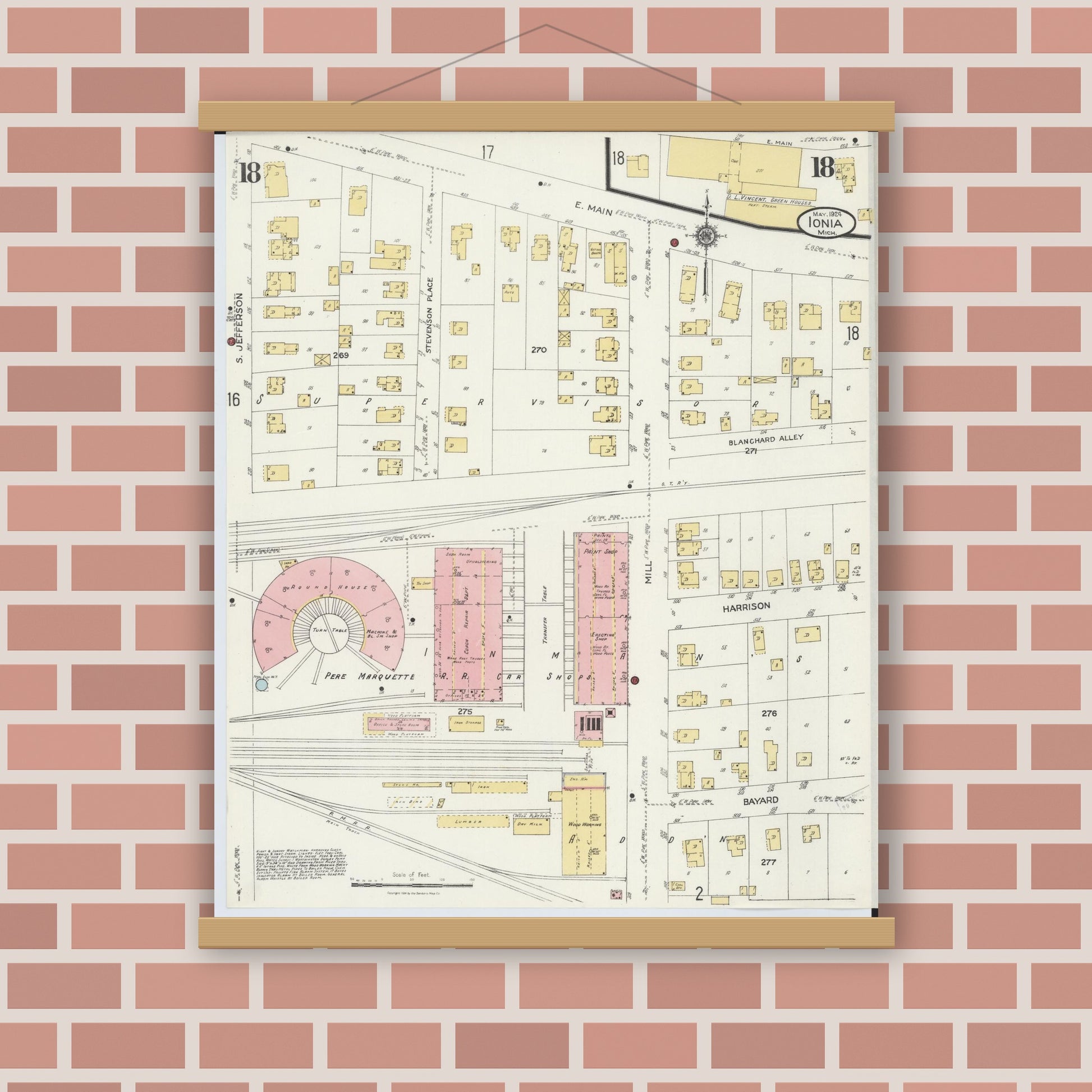 Old map wall art mockup — magnetic wood frame on brick wall — Sanborn Fire Insurance Map from Ionia, Ionia County, Michigan (1924), Sheet #0018