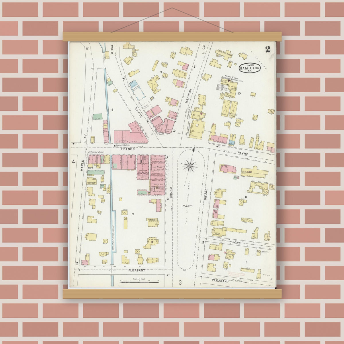Old map wall art mockup — magnetic wood frame on brick wall — Sanborn Fire Insurance Map from Hamilton, Madison County, New York (1896), Sheet #0002