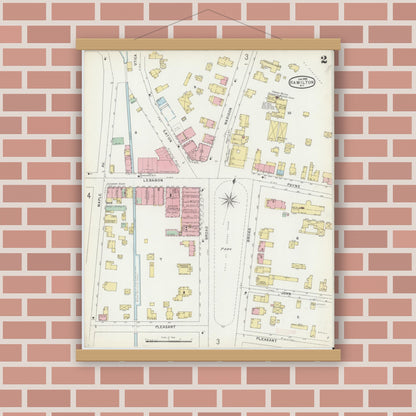 Old map wall art mockup — magnetic wood frame on brick wall — Sanborn Fire Insurance Map from Hamilton, Madison County, New York (1896), Sheet #0002