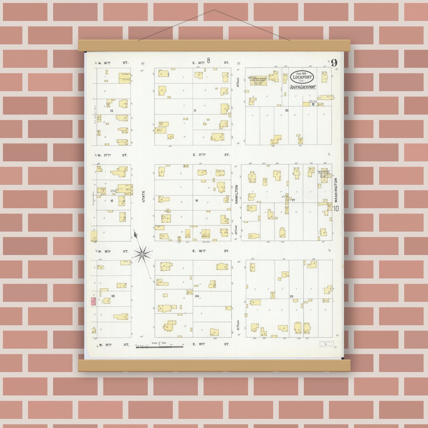 Old map wall art mockup — magnetic wood frame on brick wall — Sanborn Fire Insurance Map from Lockport, Will County, Illinois (1909), Sheet #0009