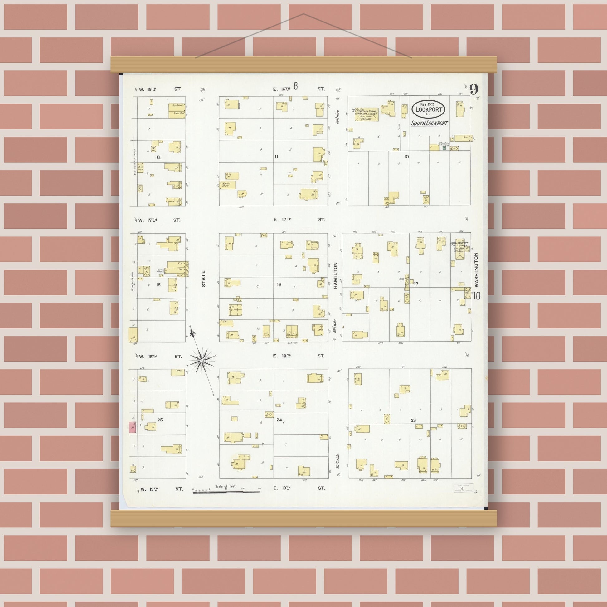 Old map wall art mockup — magnetic wood frame on brick wall — Sanborn Fire Insurance Map from Lockport, Will County, Illinois (1909), Sheet #0009