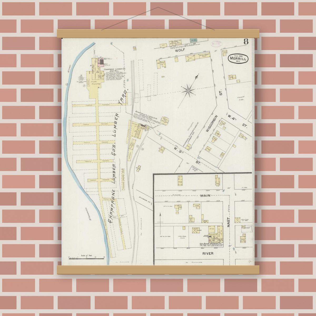 Old map wall art mockup — magnetic wood frame on brick wall — Sanborn Fire Insurance Map from Merrill, Lincoln County, Wisconsin (1888), Sheet #0008