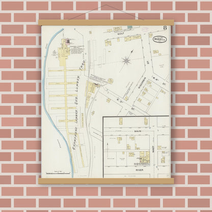 Old map wall art mockup — magnetic wood frame on brick wall — Sanborn Fire Insurance Map from Merrill, Lincoln County, Wisconsin (1888), Sheet #0008