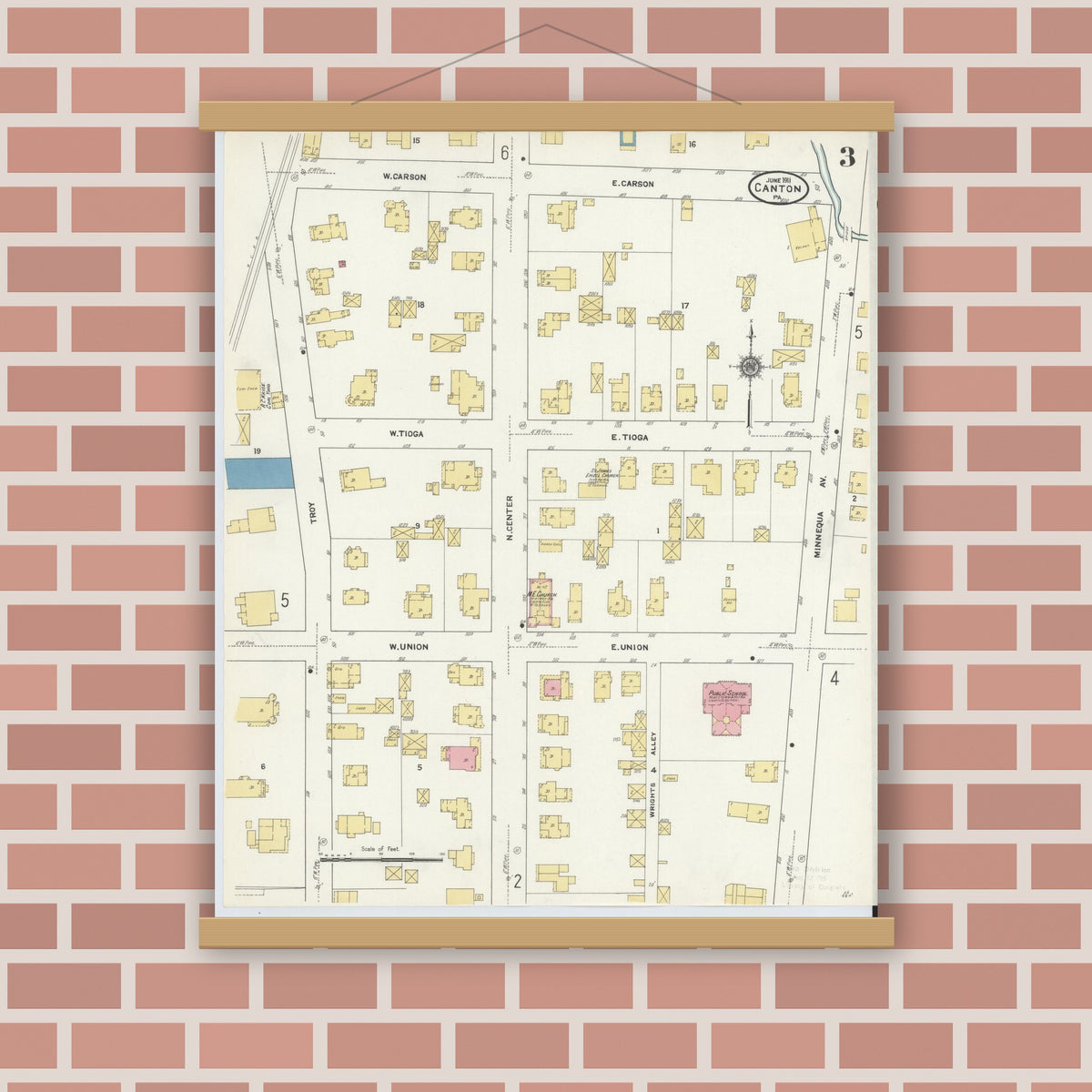 Old map wall art mockup — magnetic wood frame on brick wall — Sanborn Fire Insurance Map from Canton, Bradford County, Pennsylvania (1911), Sheet #0003