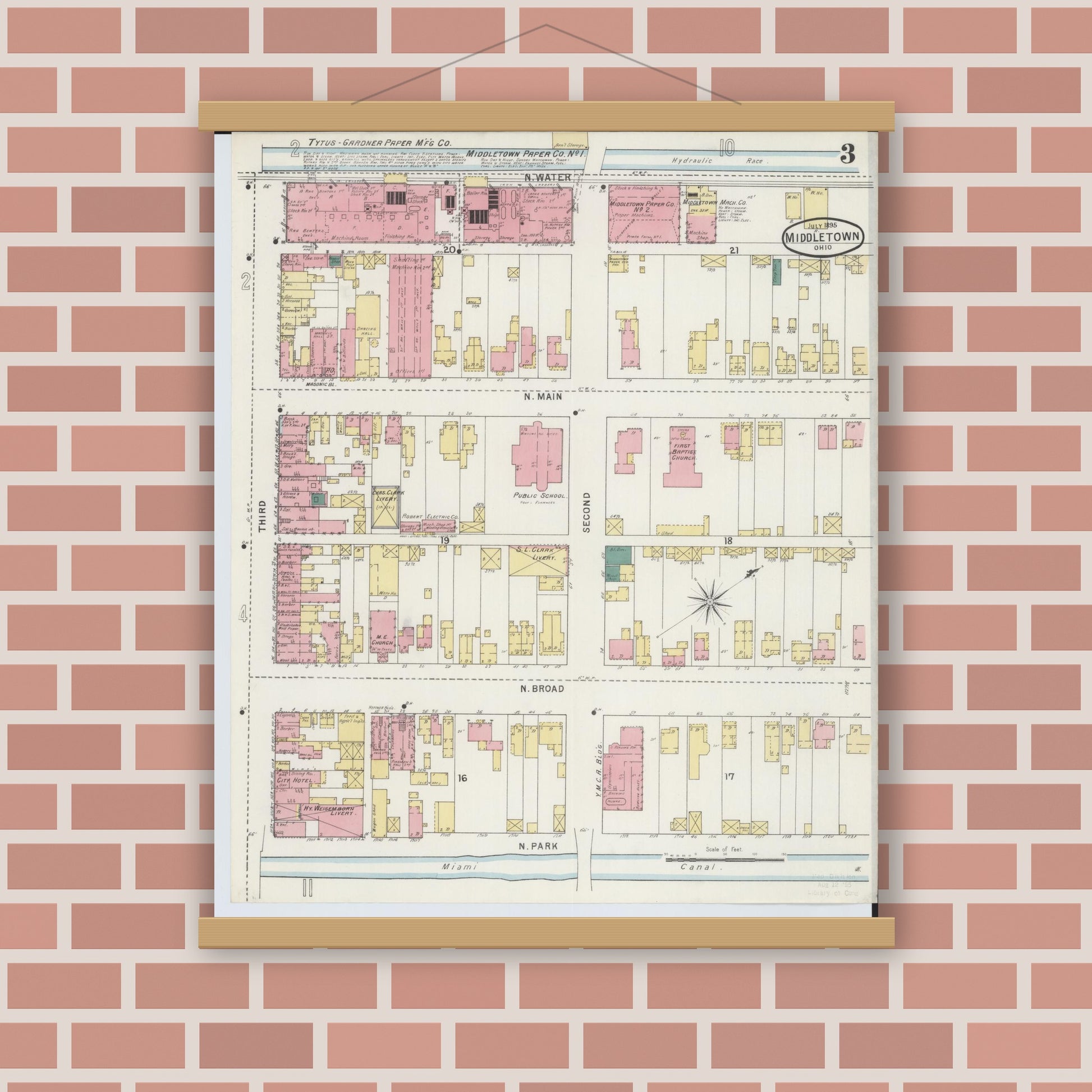 Old map wall art mockup — magnetic wood frame on brick wall — Sanborn Fire Insurance Map from Middletown, Butler County, Ohio (1895), Sheet #0003
