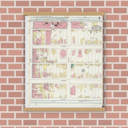 Old map wall art mockup — magnetic wood frame on brick wall — Sanborn Fire Insurance Map from Middletown, Butler County, Ohio (1895), Sheet #0003