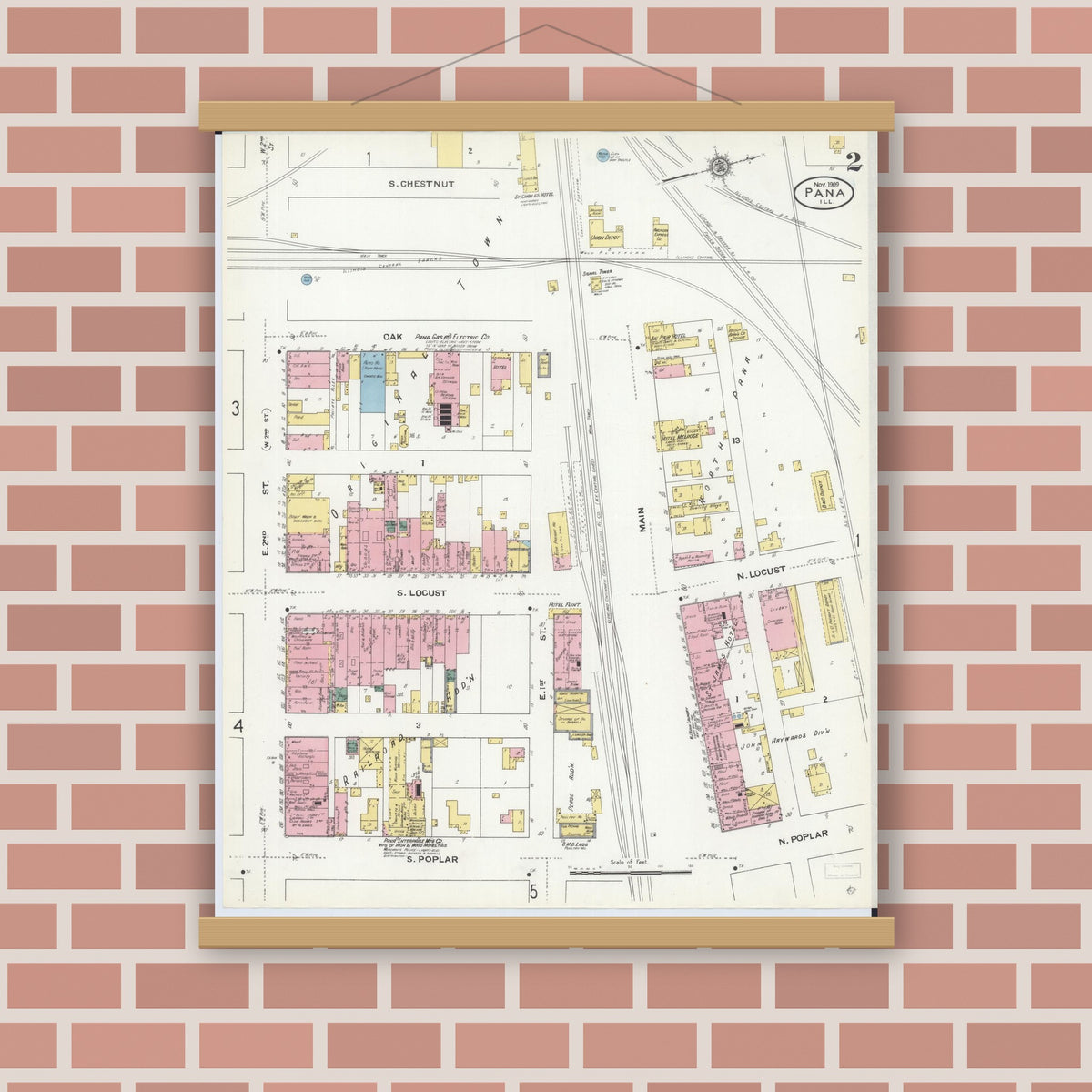 Old map wall art mockup — magnetic wood frame on brick wall — Sanborn Fire Insurance Map from Pana, Christian County, Illinois (1909), Sheet #0002