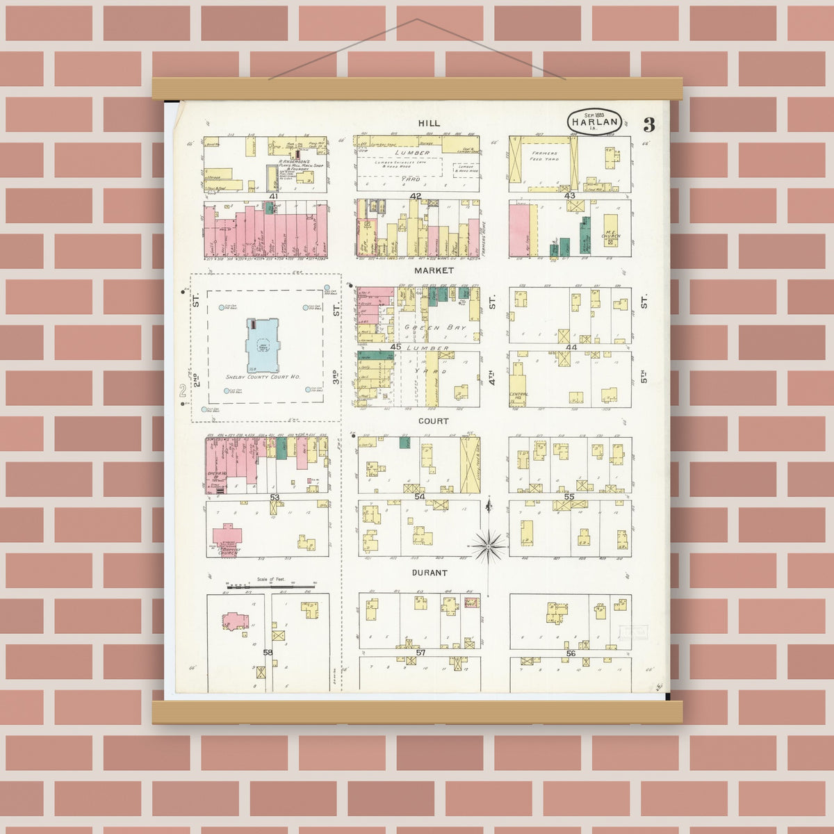 Old map wall art mockup — magnetic wood frame on brick wall — Sanborn Fire Insurance Map from Harlan, Shelby County, Iowa (1893), Sheet #0003