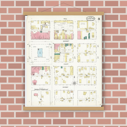Old map wall art mockup — magnetic wood frame on brick wall — Sanborn Fire Insurance Map from Harlan, Shelby County, Iowa (1893), Sheet #0003