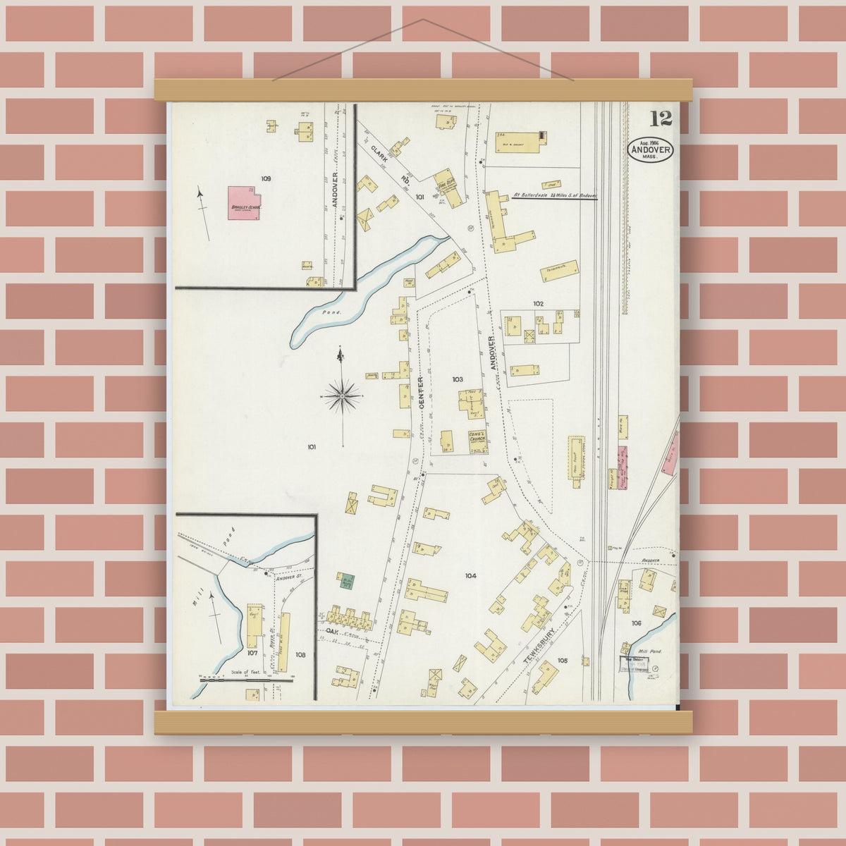 Old map wall art mockup — magnetic wood frame on brick wall — Sanborn Fire Insurance Map from Andover, Essex County, Massachusetts (1906), Sheet #0012