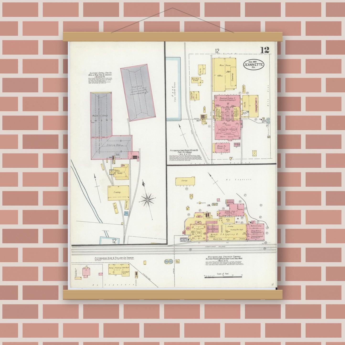 Old map wall art mockup — magnetic wood frame on brick wall — Sanborn Fire Insurance Map from Jeannette, Westmoreland County, Pennsylvania (1905), Sheet #0012