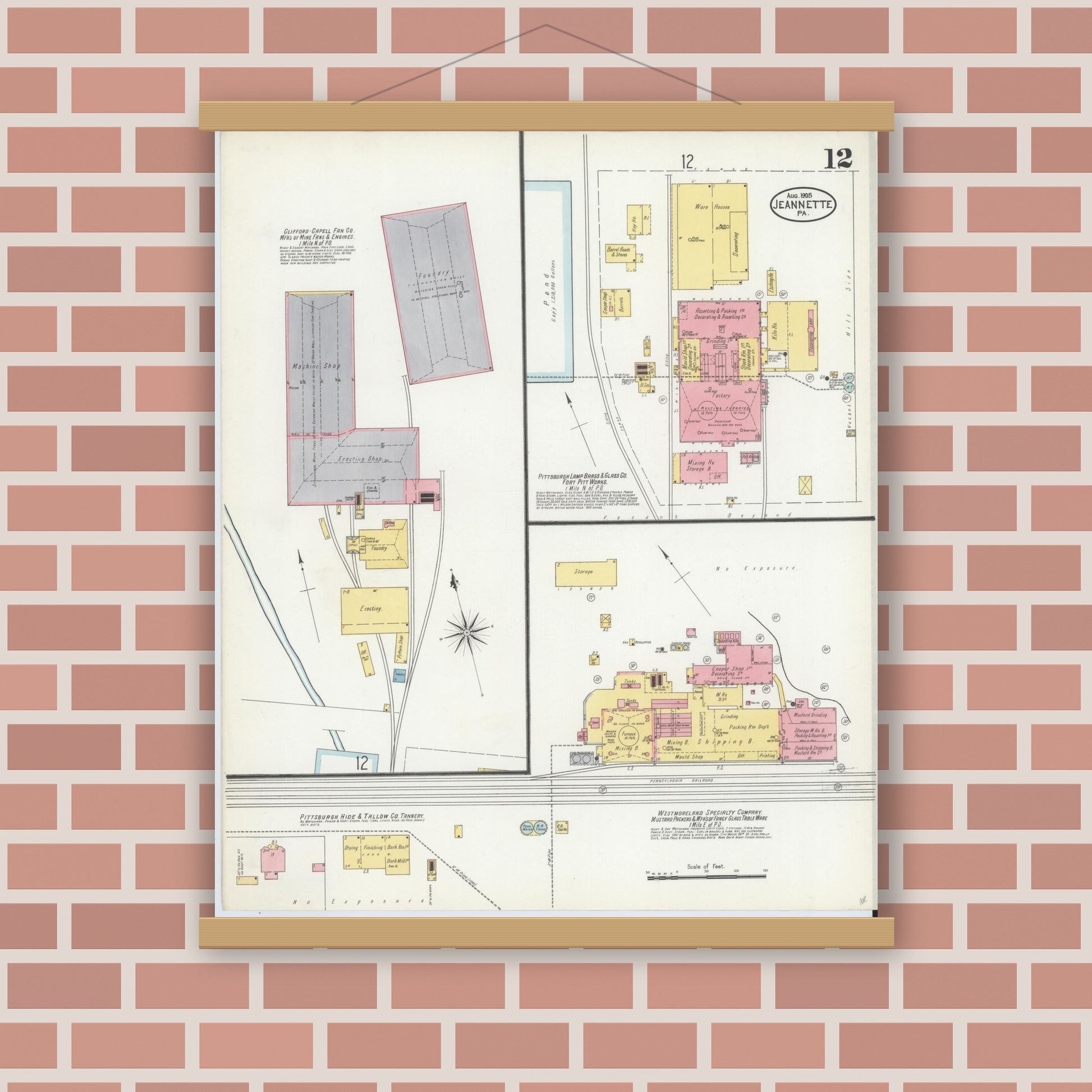 Old map wall art mockup — magnetic wood frame on brick wall — Sanborn Fire Insurance Map from Jeannette, Westmoreland County, Pennsylvania (1905), Sheet #0012