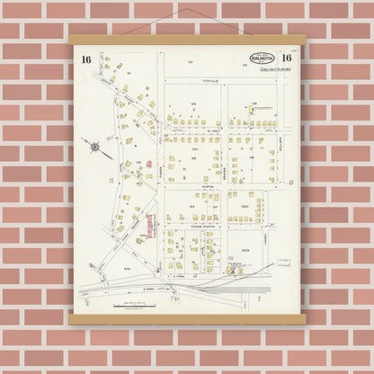 Old map wall art mockup — magnetic wood frame on brick wall — Sanborn Fire Insurance Map from Burlington, Alamance County, North Carolina (1924), Sheet #0016