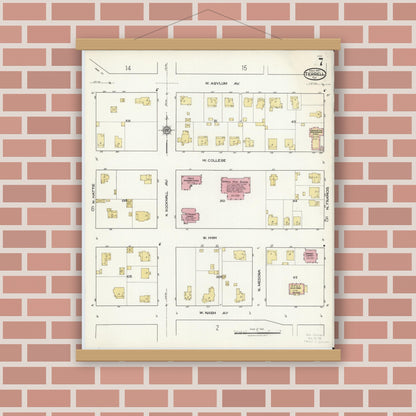 Old map wall art mockup — magnetic wood frame on brick wall — Sanborn Fire Insurance Map from Terrell, Kaufman County, Texas (1921), Sheet #0007