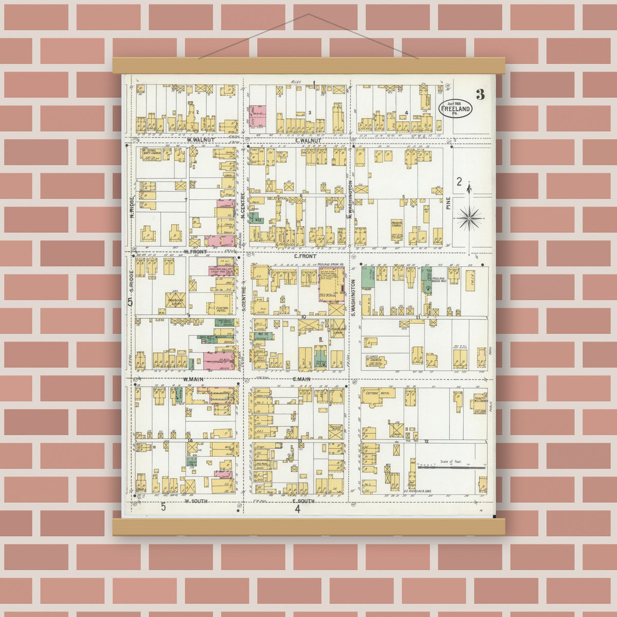 Old map wall art mockup — magnetic wood frame on brick wall — Sanborn Fire Insurance Map from Freeland, Luzerne County, Pennsylvania (1900), Sheet #0003