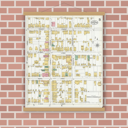 Old map wall art mockup — magnetic wood frame on brick wall — Sanborn Fire Insurance Map from Freeland, Luzerne County, Pennsylvania (1900), Sheet #0003