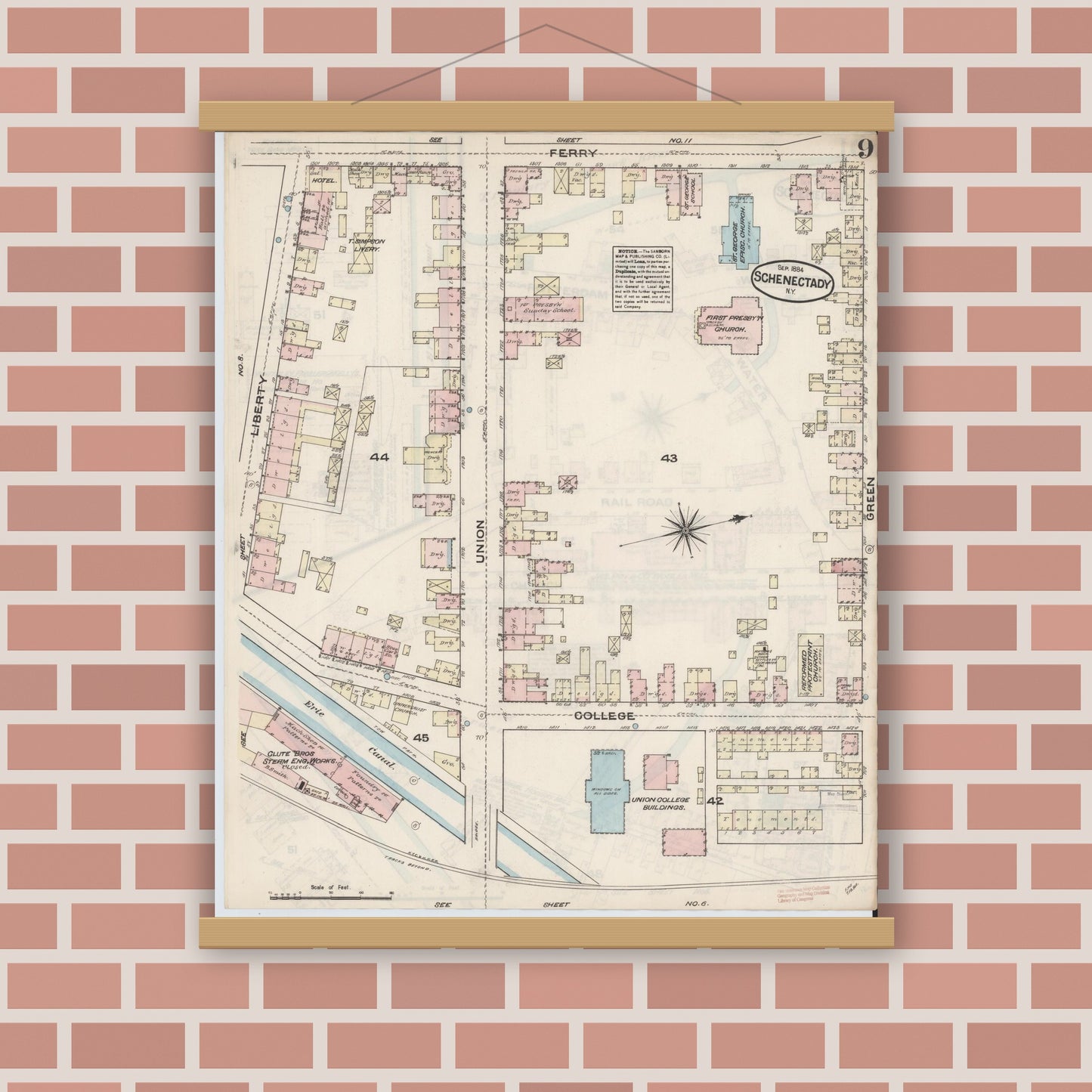 Old map wall art mockup — magnetic wood frame on brick wall — Sanborn Fire Insurance Map from Schenectady, Schenectady County, New York (1884), Sheet #0009
