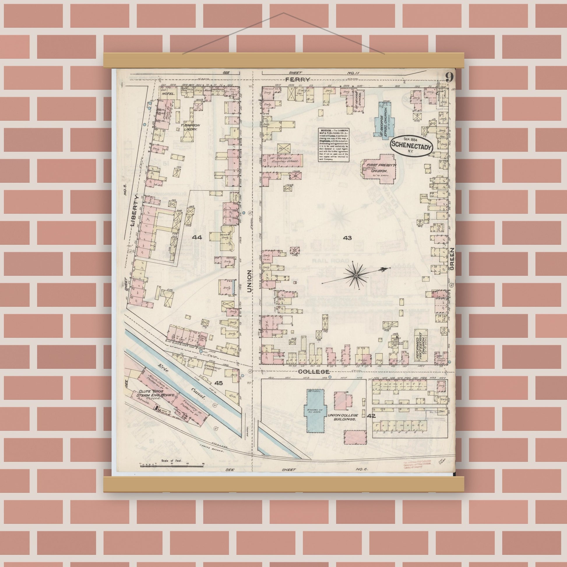 Old map wall art mockup — magnetic wood frame on brick wall — Sanborn Fire Insurance Map from Schenectady, Schenectady County, New York (1884), Sheet #0009
