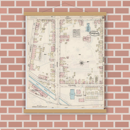 Old map wall art mockup — magnetic wood frame on brick wall — Sanborn Fire Insurance Map from Schenectady, Schenectady County, New York (1884), Sheet #0009