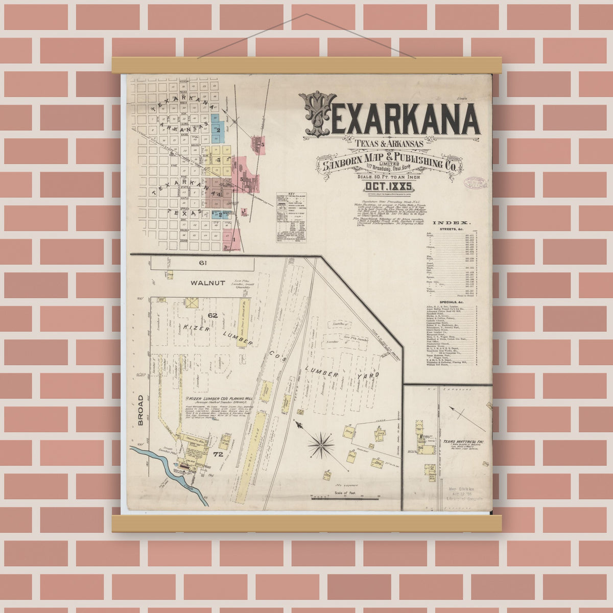 Old map wall art mockup — magnetic wood frame on brick wall — Sanborn Fire Insurance Map from Texarkana, Bowie County, Texas (1885) - Complete Map Set