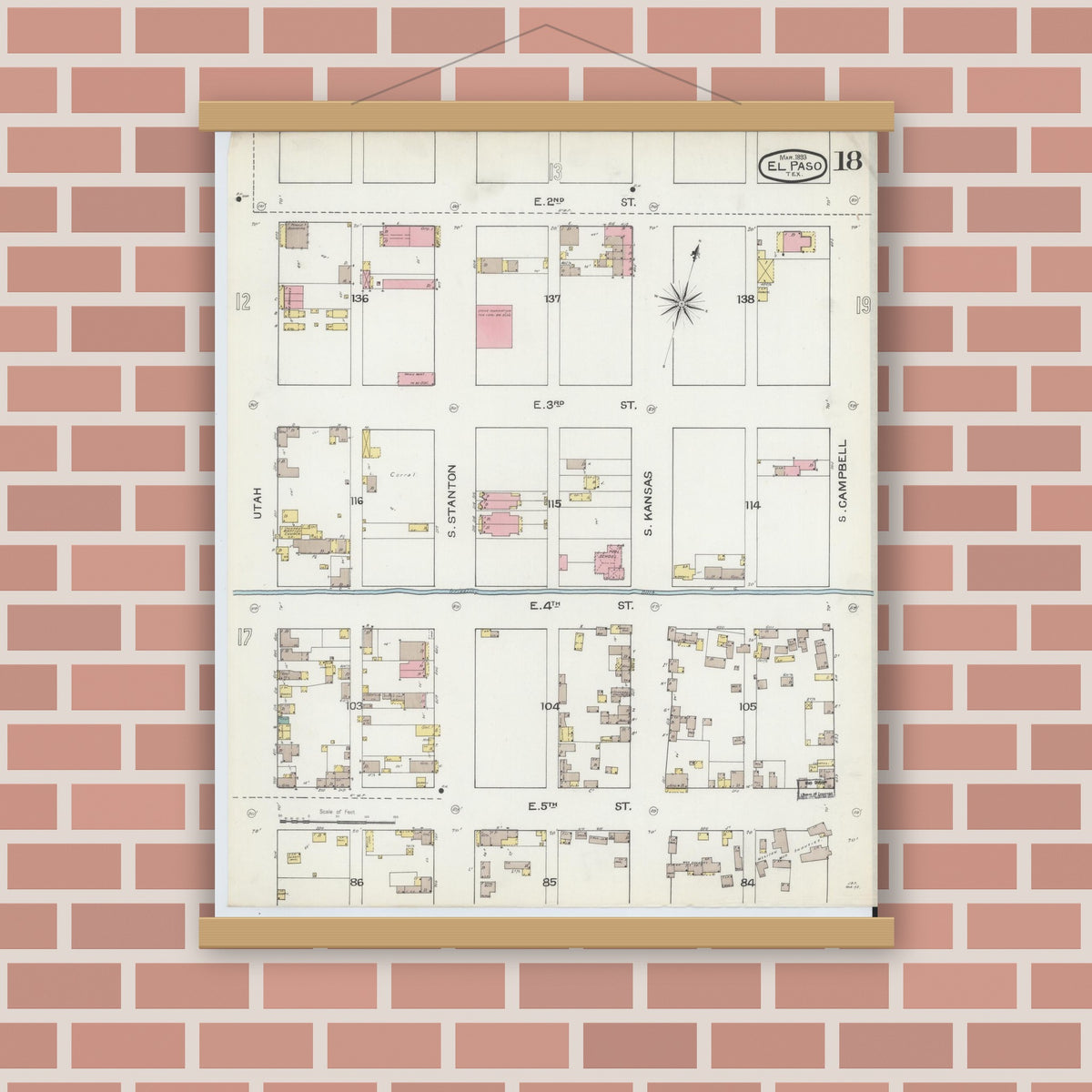 Old map wall art mockup — magnetic wood frame on brick wall — Sanborn Fire Insurance Map from El Paso, El Paso County, Texas (1893), Sheet #0018