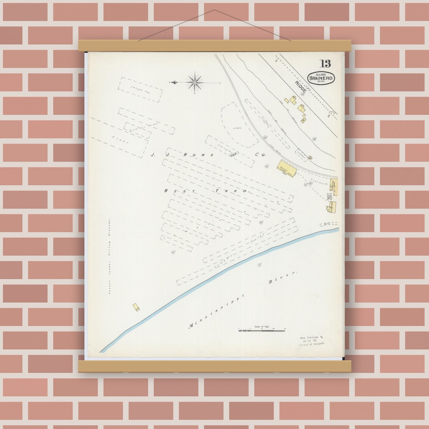 Old map wall art mockup — magnetic wood frame on brick wall — Sanborn Fire Insurance Map from Brainerd, Crow Wing County, Minnesota (1892), Sheet #0013