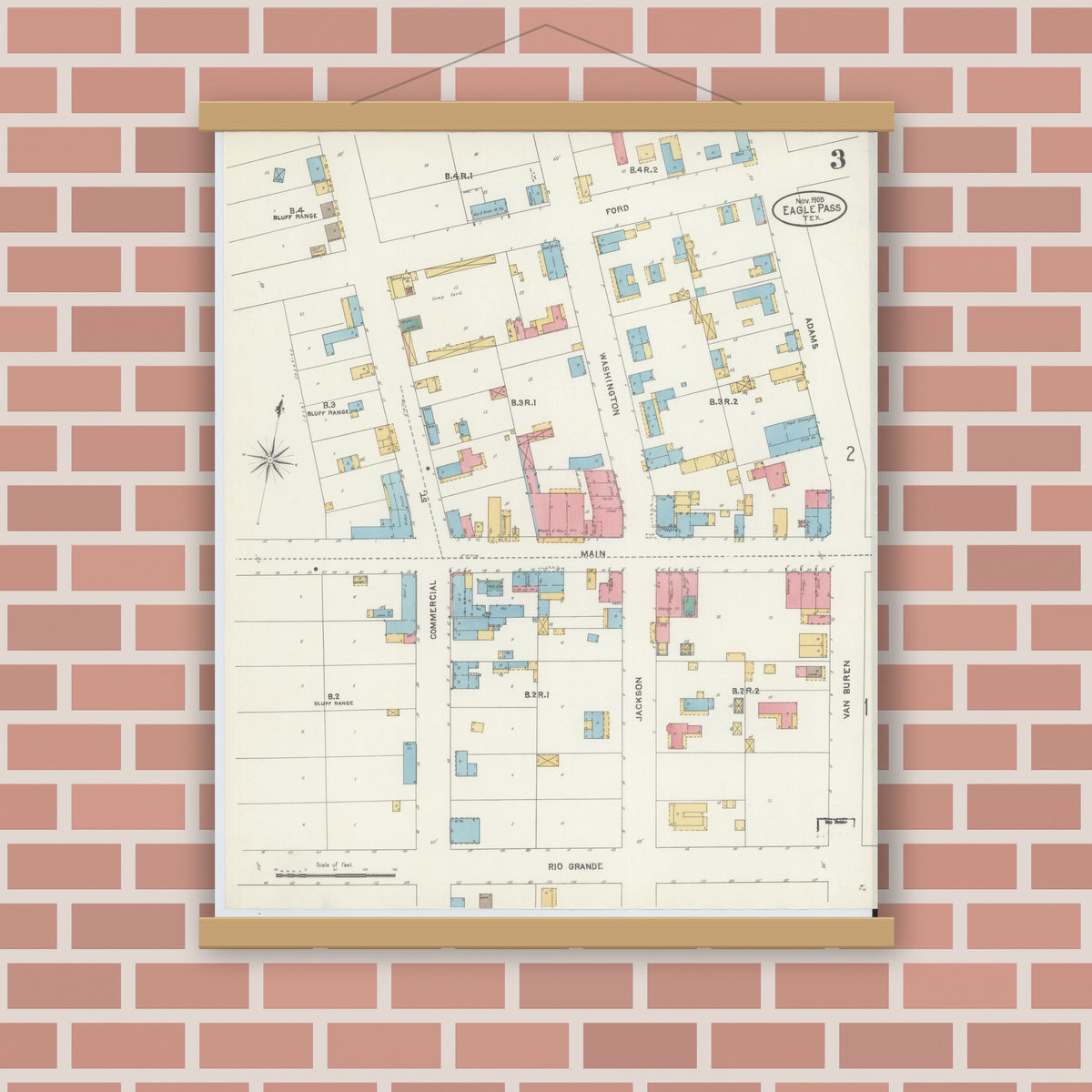 Old map wall art mockup — magnetic wood frame on brick wall — Sanborn Fire Insurance Map from Eagle Pass, Maverick County, Texas (1905), Sheet #0003