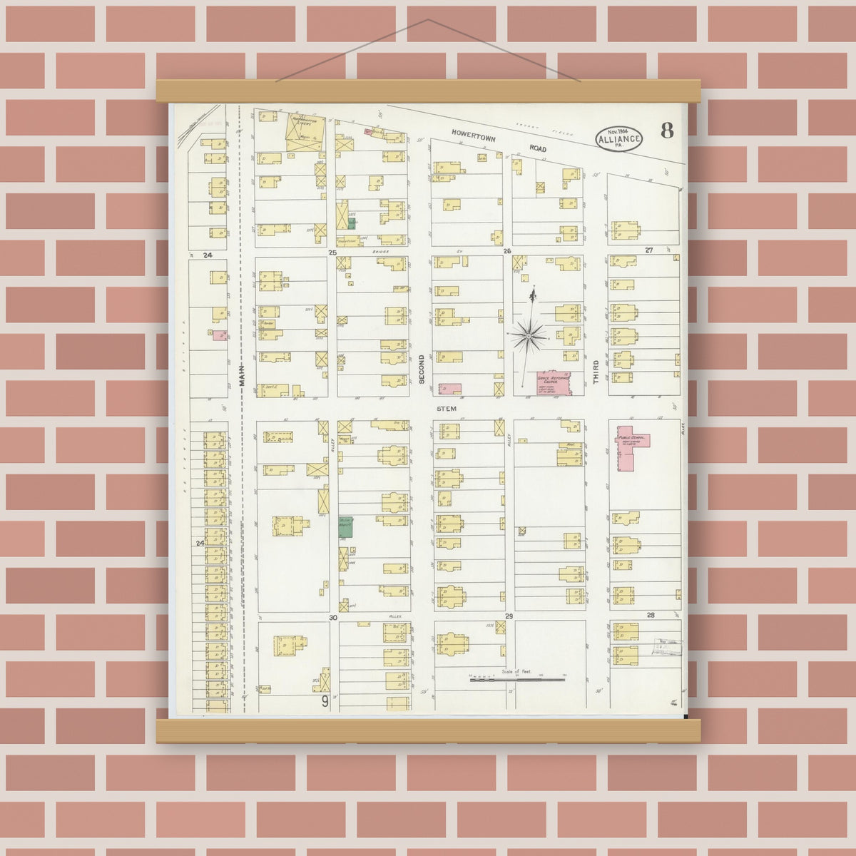 Old map wall art mockup — magnetic wood frame on brick wall — Sanborn Fire Insurance Map from Alliance, Northampton County, Pennsylvania (1904), Sheet #0008