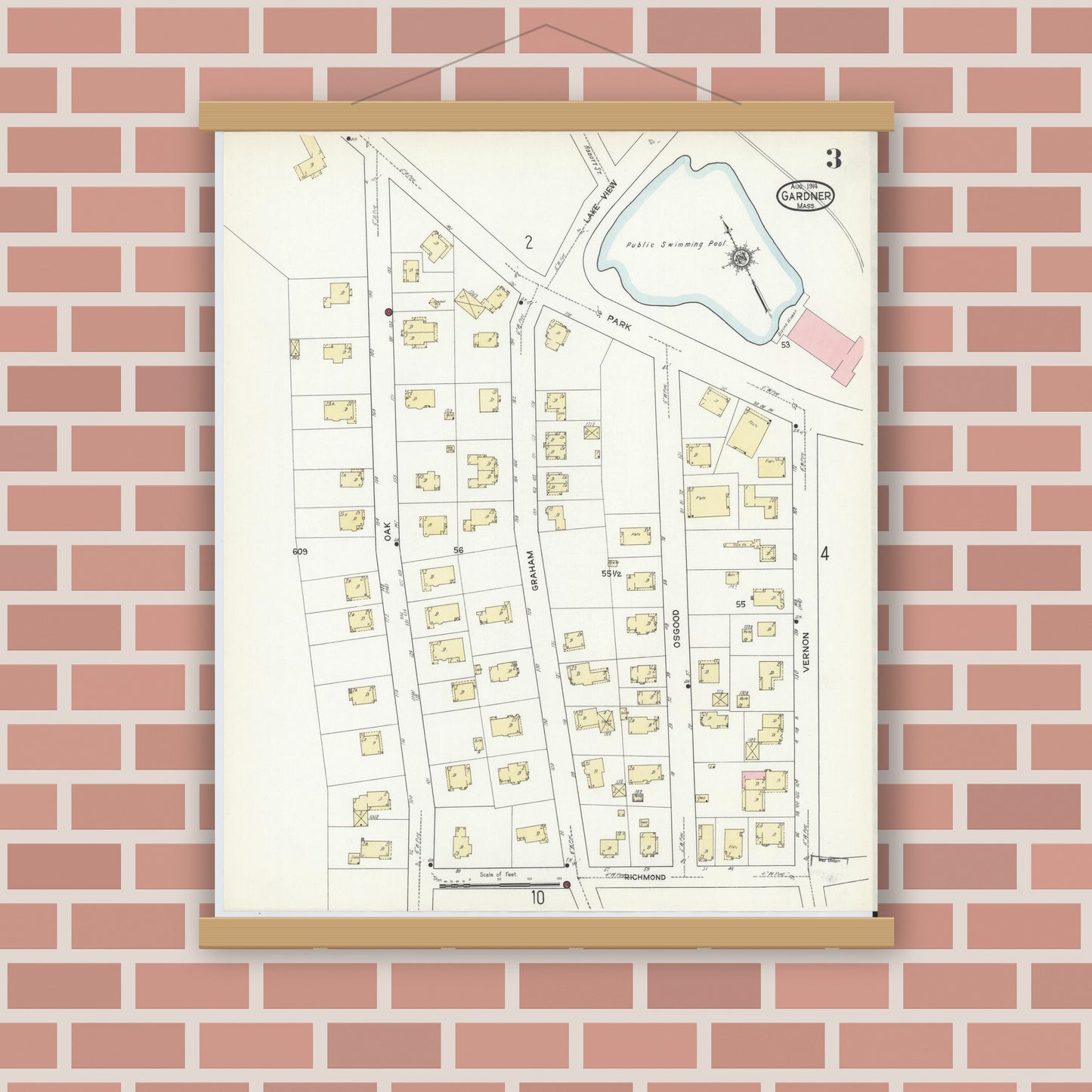 Old map wall art mockup — magnetic wood frame on brick wall — Sanborn Fire Insurance Map from Gardner, Worcester County, Massachusetts (1914), Sheet #0003