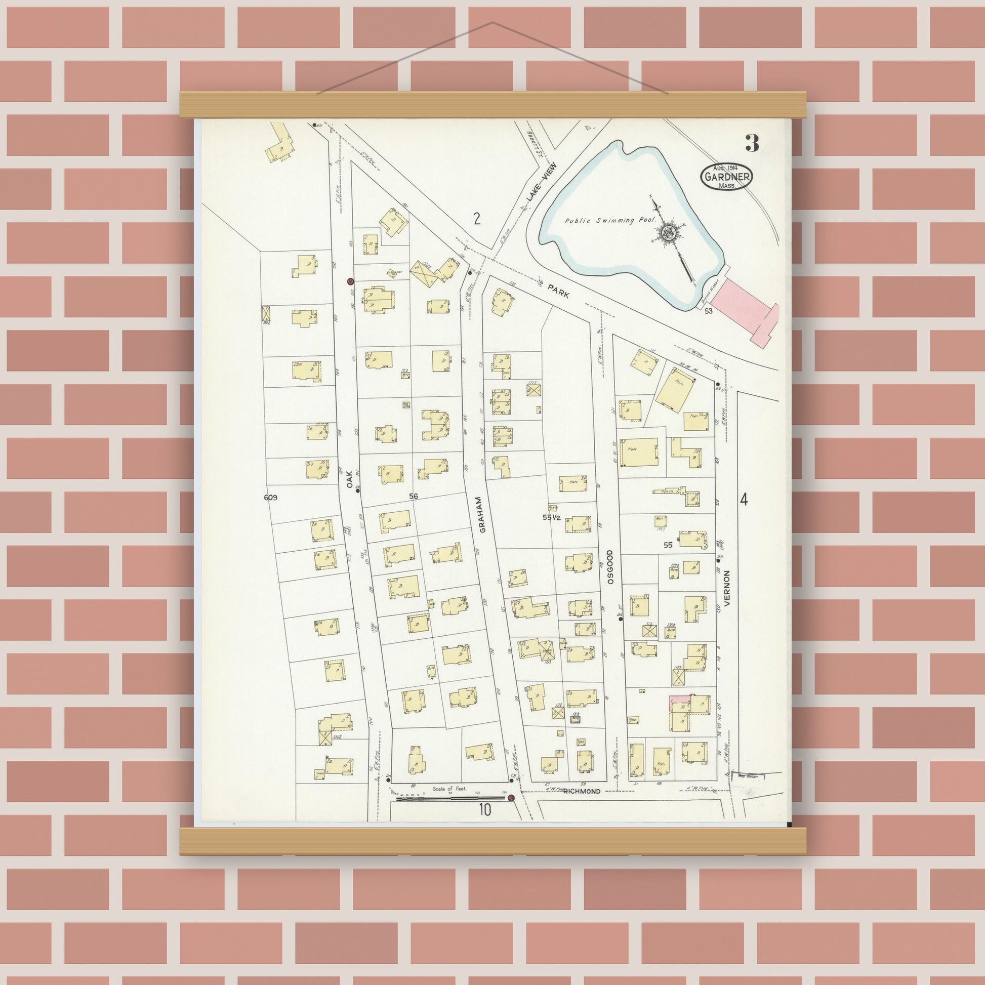 Old map wall art mockup — magnetic wood frame on brick wall — Sanborn Fire Insurance Map from Gardner, Worcester County, Massachusetts (1914), Sheet #0003